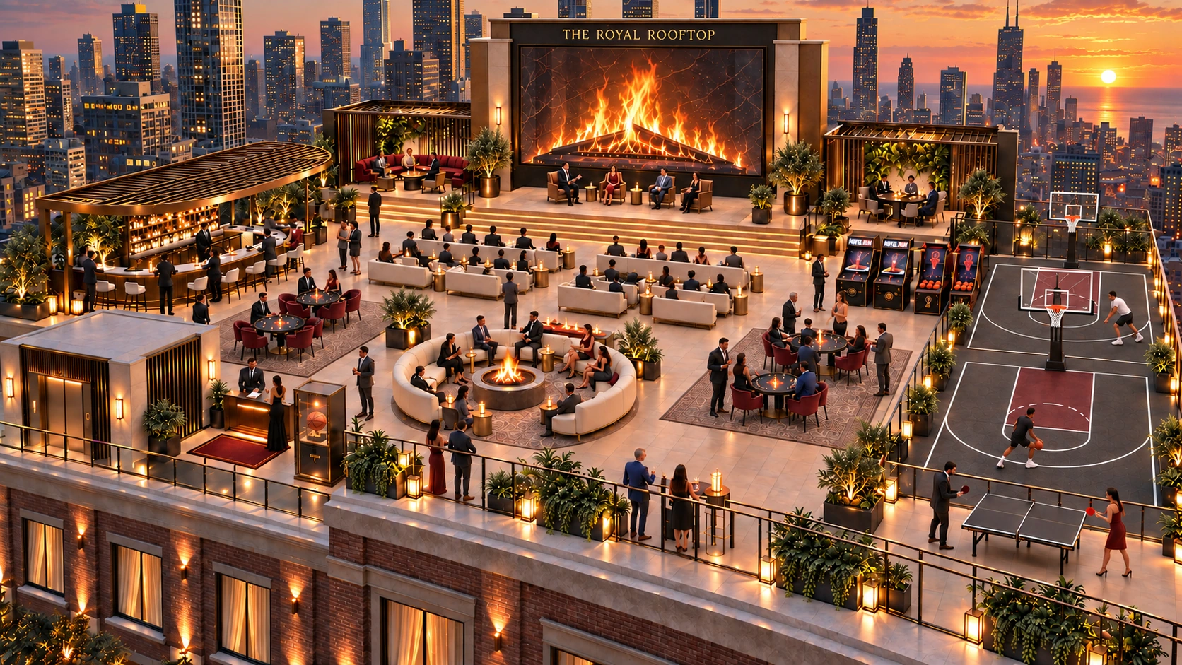 The Royal Rooftop digital venue overlooking a city at sunset